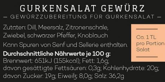 Gurkensalat Gewürzmischung mit Zutaten und Nährwertangaben, einschließlich Dill, Meersalz, Zitronenschale und mehr