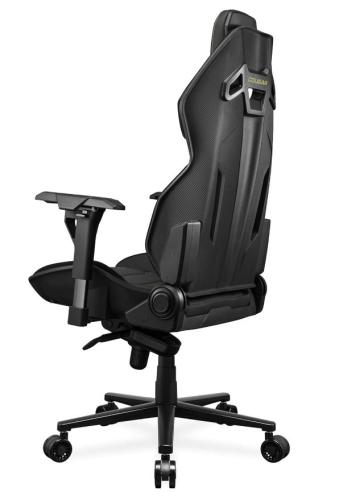 Rückansicht eines schwarzen ergonomischen Gaming-Stuhls mit verstellbaren Armlehnen und robuster Basis