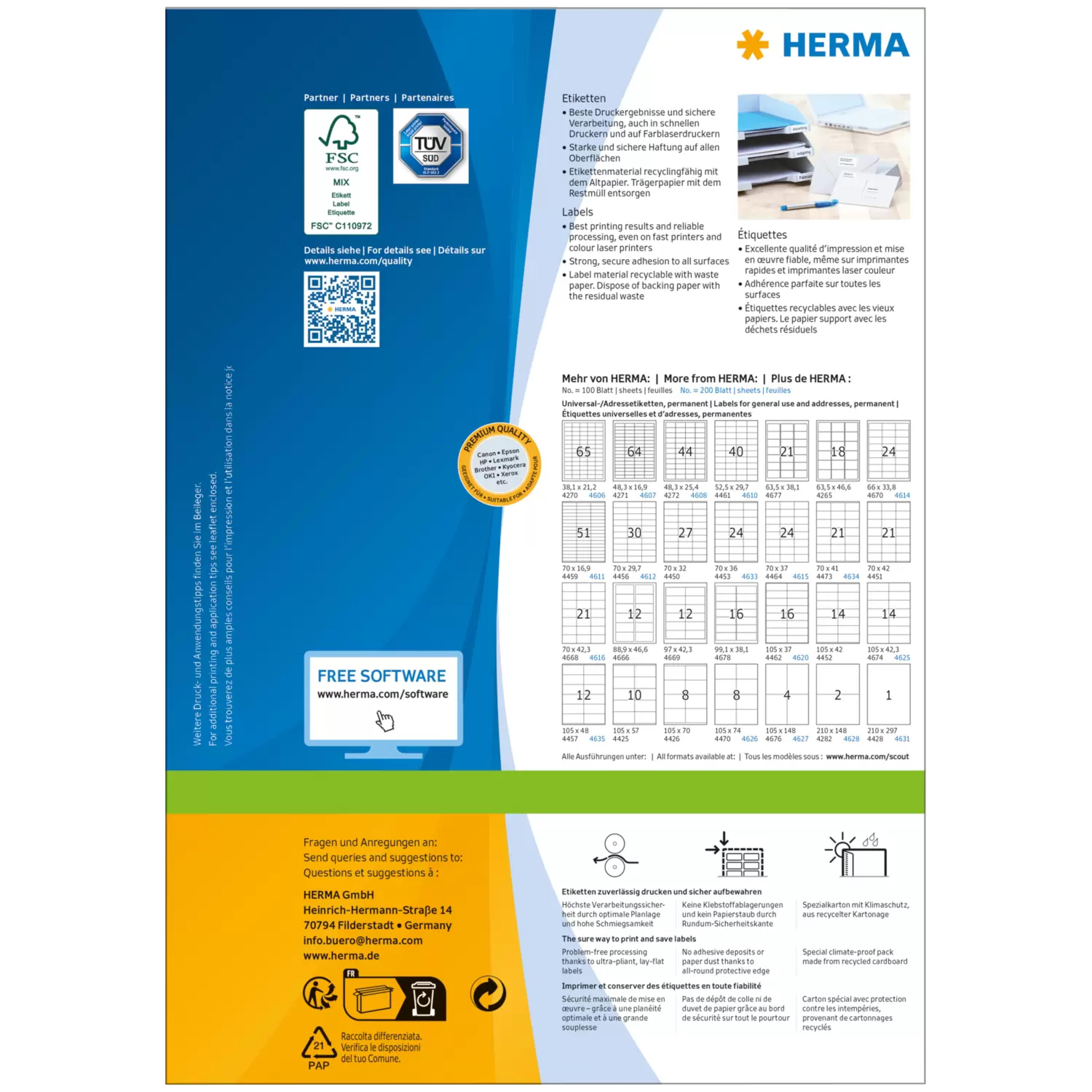 HERMA Adressetiketten A4 weiss 99,1x38,1 mm Papier 1400 St.