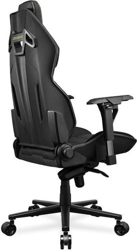 Schwarzer Gaming-Stuhl mit ergonomischem Design und verstellbaren Armlehnen