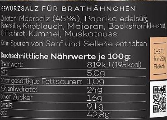 Gewürzsalz für Brathähnchen - Zutaten und Nährwerte Etikett eines Gewürzsalzes für Brathähnchen mit Zutaten und Nährwertangaben