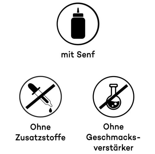 Symbol für Senf, durchgestrichene Symbole für keine Zusatzstoffe und keine Geschmacksverstärker