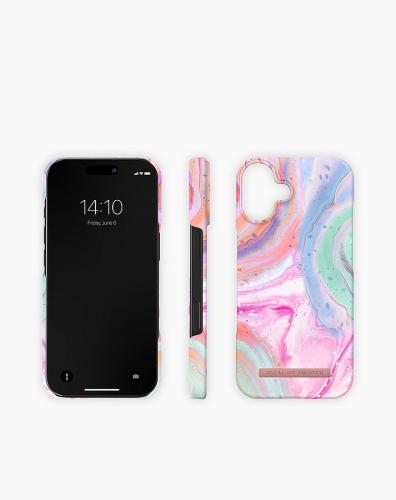 Handy und Handyhülle mit einem abstrahierten Pastellmuster in Rosa, Blau und Grün