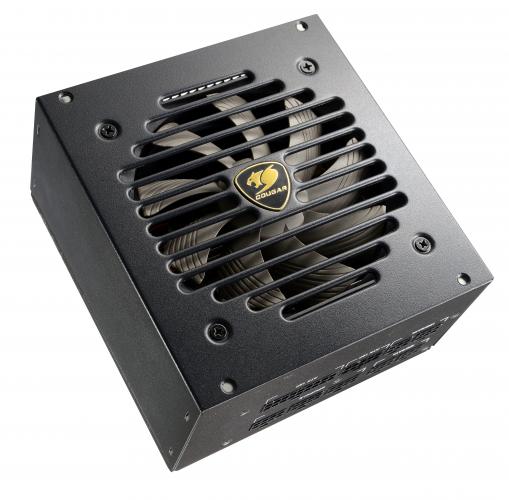 Schwarzes PC-Netzteil mit sichtbarem Lüfter und Logo auf der Oberseite