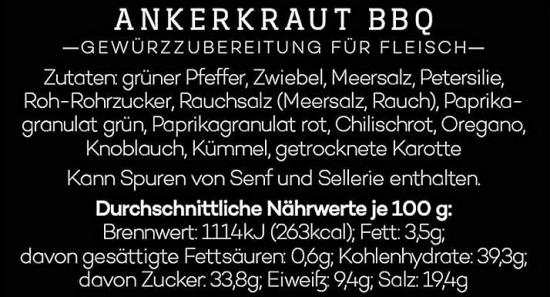 Etikett von Ankerkraut BBQ Gewürz mit Zutatenliste und Nährwertinformationen