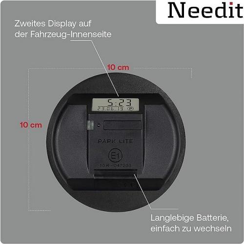 Elektronische Parkscheibe mit zweitem Display und langer Batterielaufzeit Runde, schwarze Parkscheibe mit digitalem Display, zeigt Datum und Uhrzeit, inklusive Maße von 10 cm und einfacher Batteriewechsel.