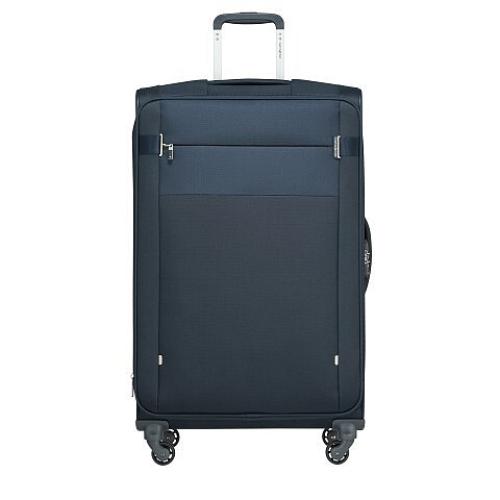 Großer dunkelblauer Trolley mit vier Rollen und ausziehbarem Griff Dunkelblauer Trolley-Koffer mit Rollen, ausziehbarem Griff und Fronttasche