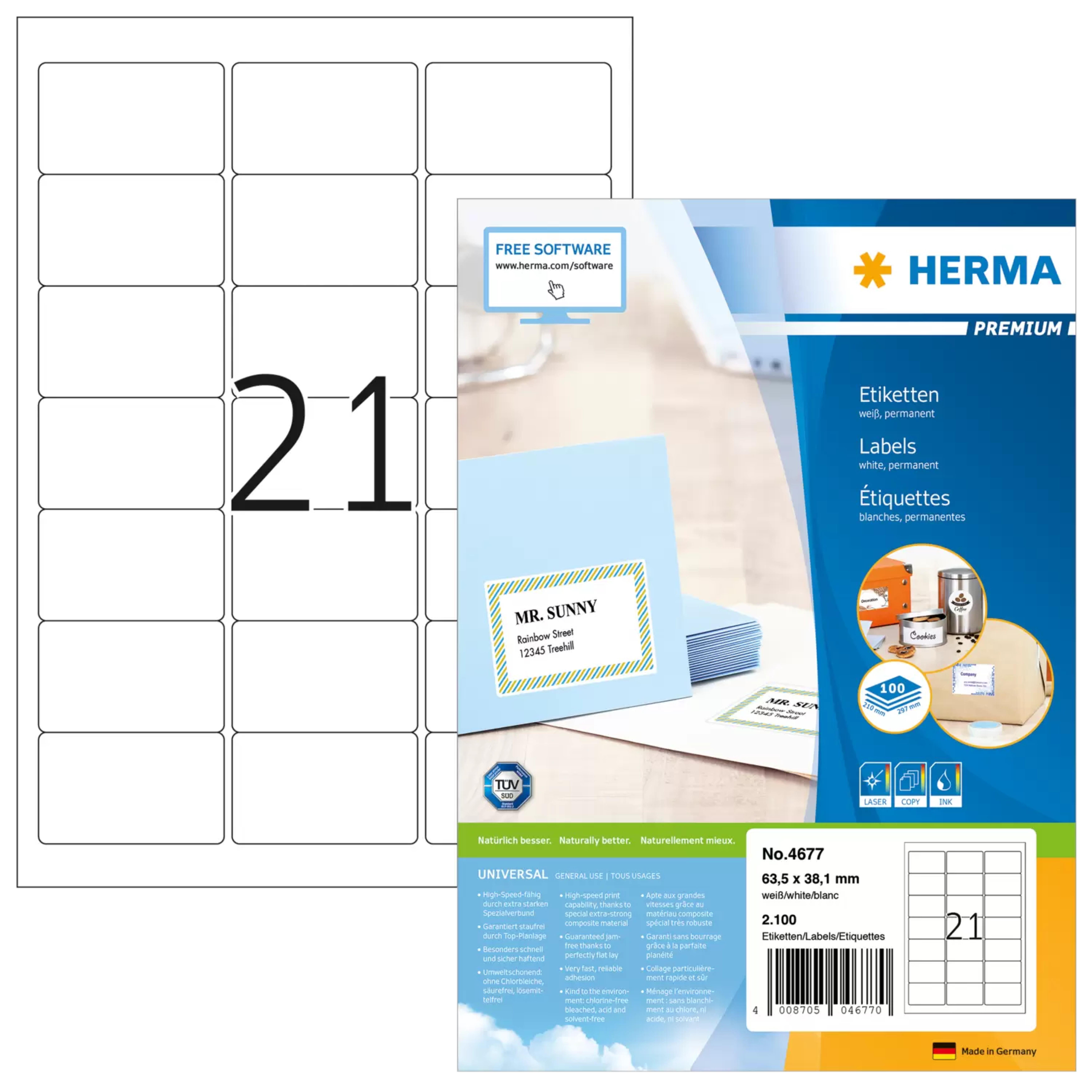 HERMA Adressetiketten A4 weiss 63,5x38,1 mm Papier 2100 St.
