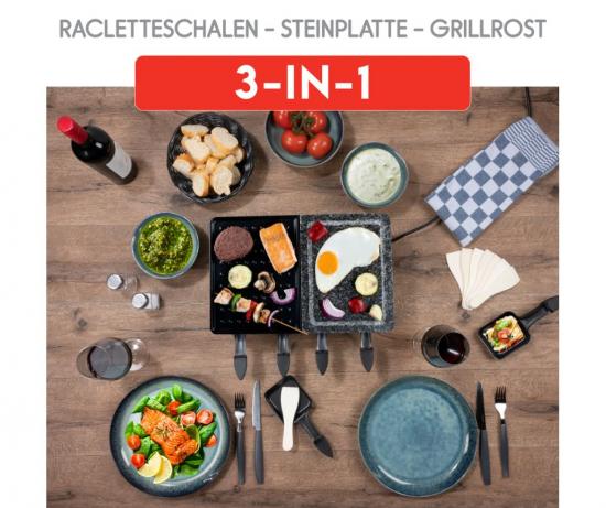 Ein gedeckter Tisch mit 3-in-1 Raclette-Set, Steinplatte, Grillrost, verschiedenen Speisen und Getränken