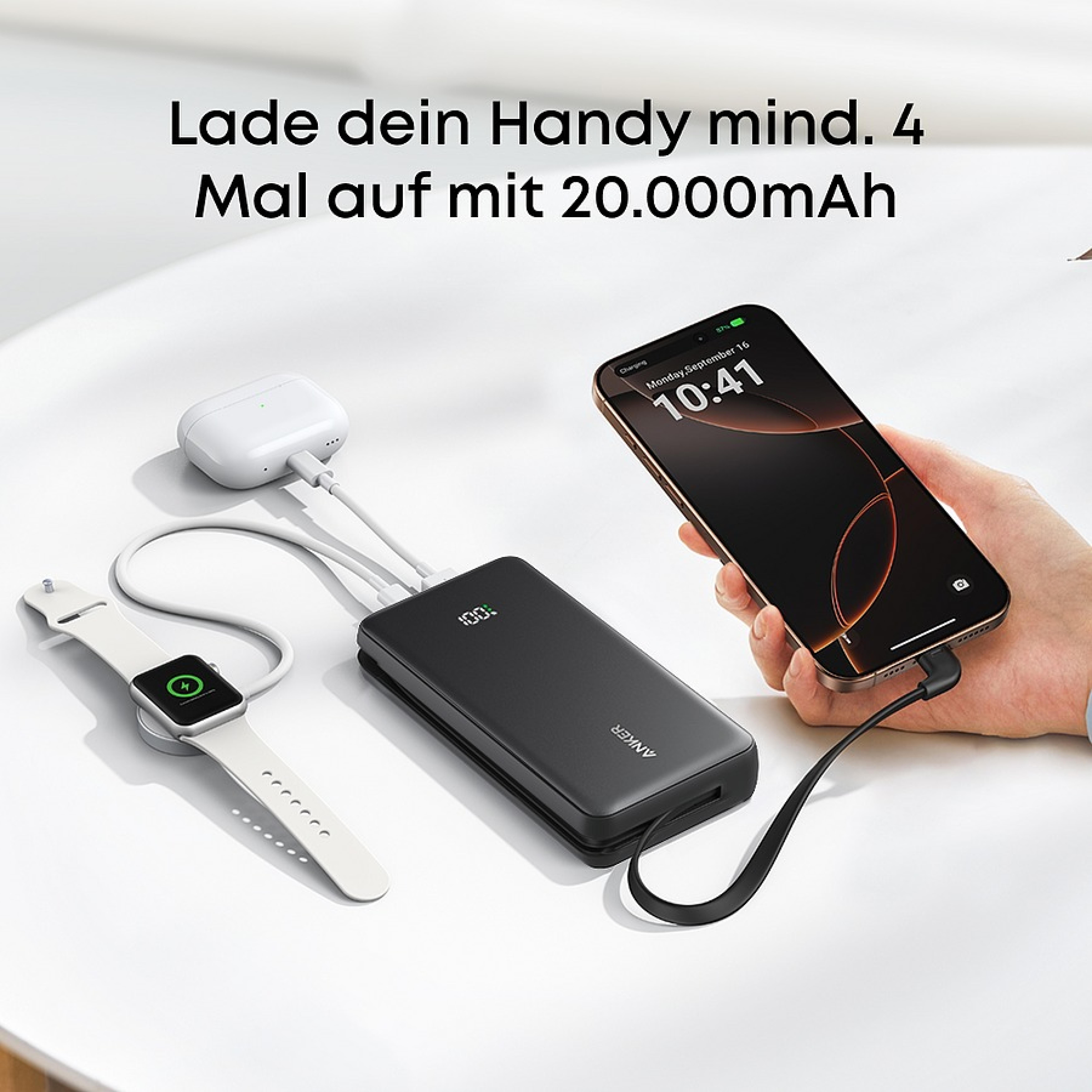 ANKER 20.000 mAh Power Bank  22.5W, Built-In USB-C Cable, black