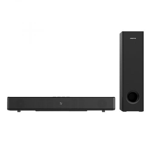 Soundbar und Subwoofer in schwarzer Ausführung für verbesserten Heimkino-Sound