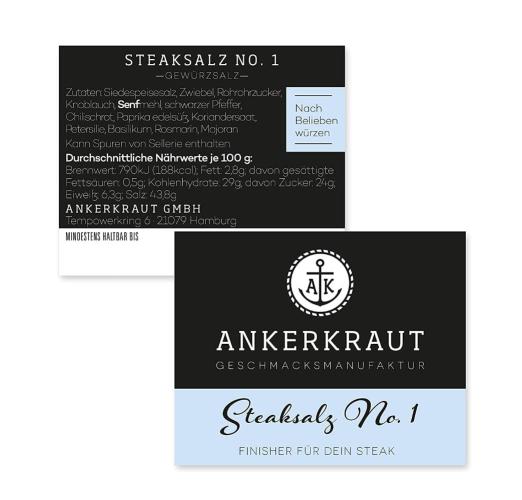 Ankerkraut Steaksalz No. 1, Gewürzverpackung mit Zutaten und Nährwertangaben