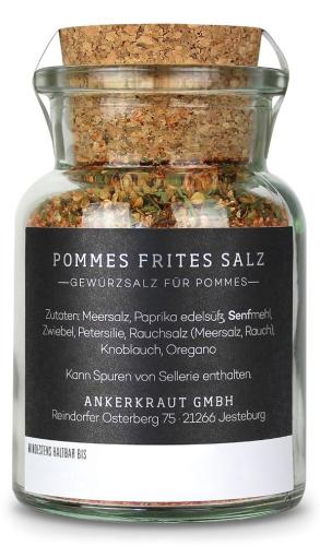 Pommes Frites Salz im Glas mit Korkverschluss Ein Glas mit Gewürzsalz für Pommes Frites, beschriftet mit Zutaten wie Meersalz, Paprika und Oregano.