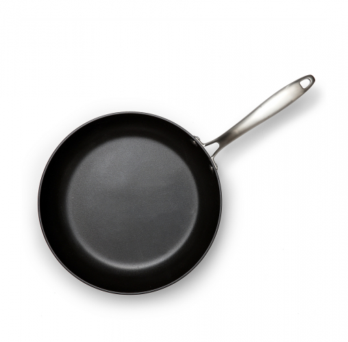 Schwarze Antihaft-Bratpfanne mit silbernem Edelstahlgriff, Ansicht von oben