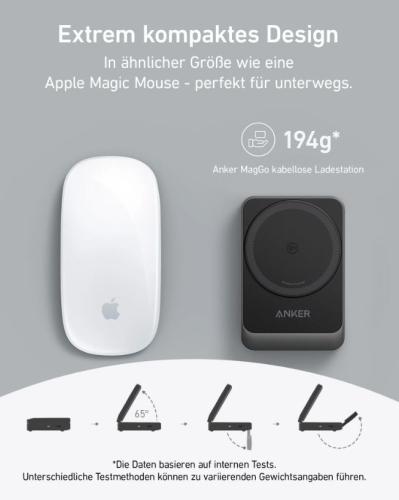 Anker MagGo kabellose Ladestation und Apple Magic Mouse im Größenvergleich, ideal für unterwegs mit einem Gewicht von 194g.