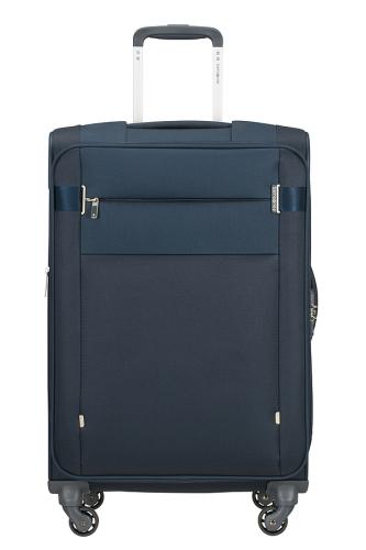 Blauer Reisekoffer mit Teleskopgriff und Rollen Großer blauer Reisekoffer mit Teleskopgriff und vier Rollen, ideal für Reisen