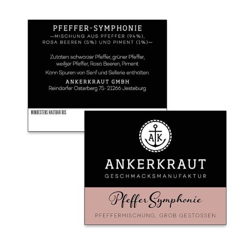 Ankerkraut Gewürzverpackung mit Pfeffer-Symphonie, einer Mischung aus verschiedenen Pfeffersorten, rosa Beeren und Piment.