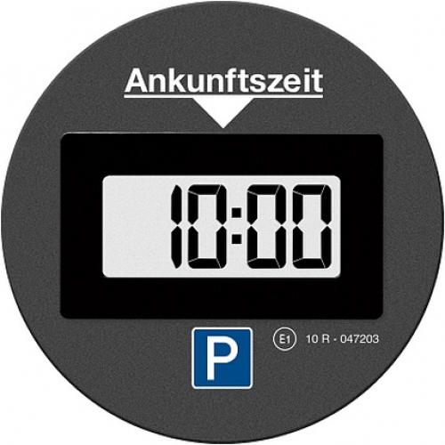 Digitale Parkscheibe mit Ankunftszeitanzeige Runde digitale Parkscheibe mit Anzeige der Ankunftszeit auf 10:00 Uhr, darunter ein blaues Parksymbol