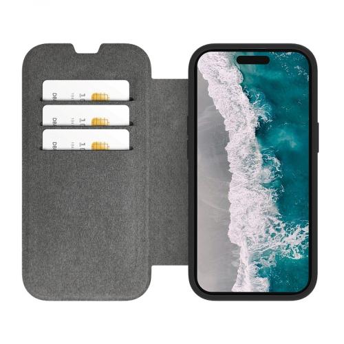 Eine geöffnete Smartphone-Hülle mit drei Kartenfächern auf der linken Seite und einem Smartphone mit Ozean-Hintergrund auf der rechten Seite.