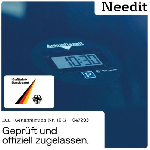 Digitale Parkscheibe - Geprüft und offiziell zugelassen Digitale Parkscheibe mit Anzeige der Ankunftszeit und Siegel des Kraftfahrt-Bundesamts, geprüft und offiziell zugelassen.