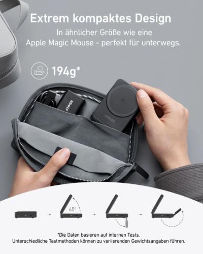 Kompakte Ladestation in kleiner Tasche, ähnlich der Größe einer Apple Magic Mouse, ideal für unterwegs.