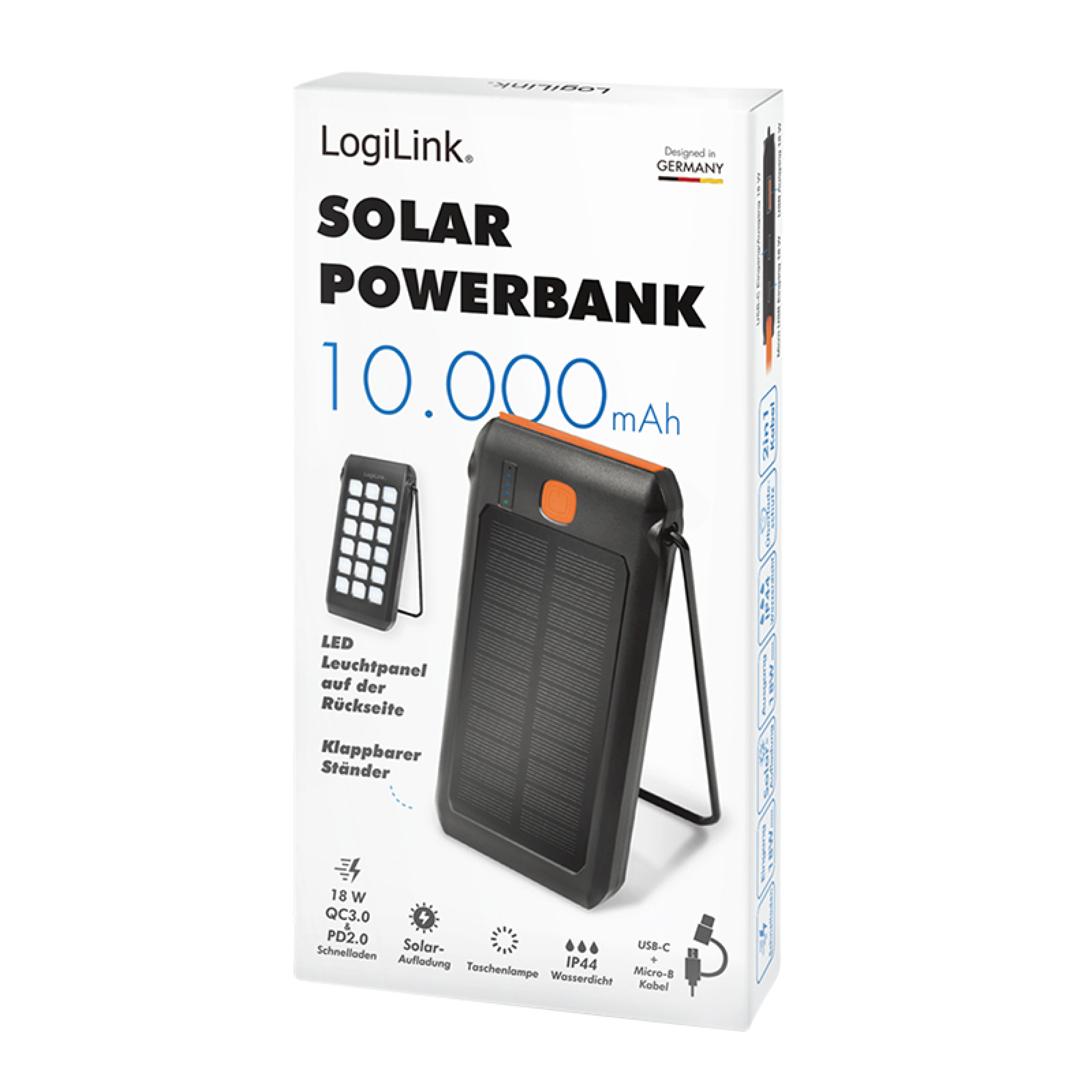 Logilink Solar Powerbank 10000 mAh 2x USB-A QC & 1x USB-C PD