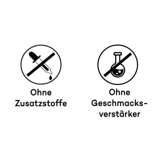 Icons zeigen, dass das Produkt keine Zusatzstoffe und keine Geschmacksverstärker enthält
