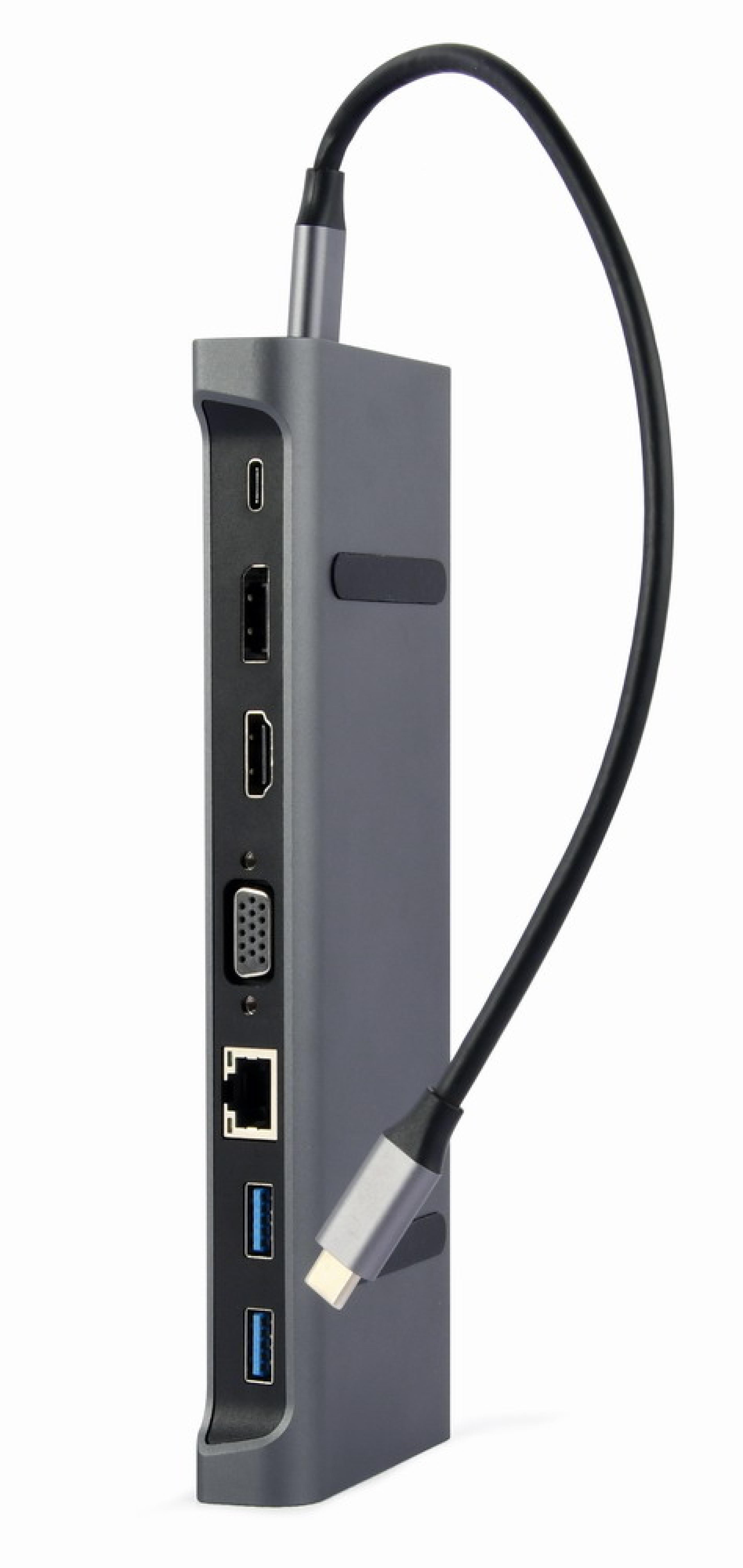 gembird USB Typ-C 9-in-1 Kombi Adapter HUB+HDMI+DP+LAN grau