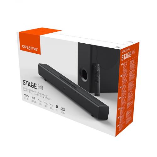 Verpackung der Creative Stage 360 Soundbar mit 2.1-Kanal-System und Subwoofer