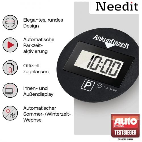 Needit Parkscheibe mit automatischer Parkzeitaktivierung und Sommer-/Winterzeitwechsel Elektronische Parkscheibe von Needit mit elegantem Design, automatischer Parkzeitaktivierung und Zeitanpassung