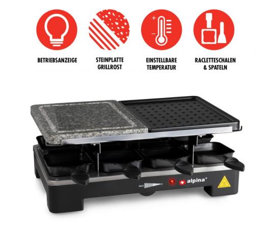 Raclette-Grill von Alpina mit Steinplatte, Grillrost, Betriebssanzeige und Racletteschalen. Ideal für gesellige Abende.