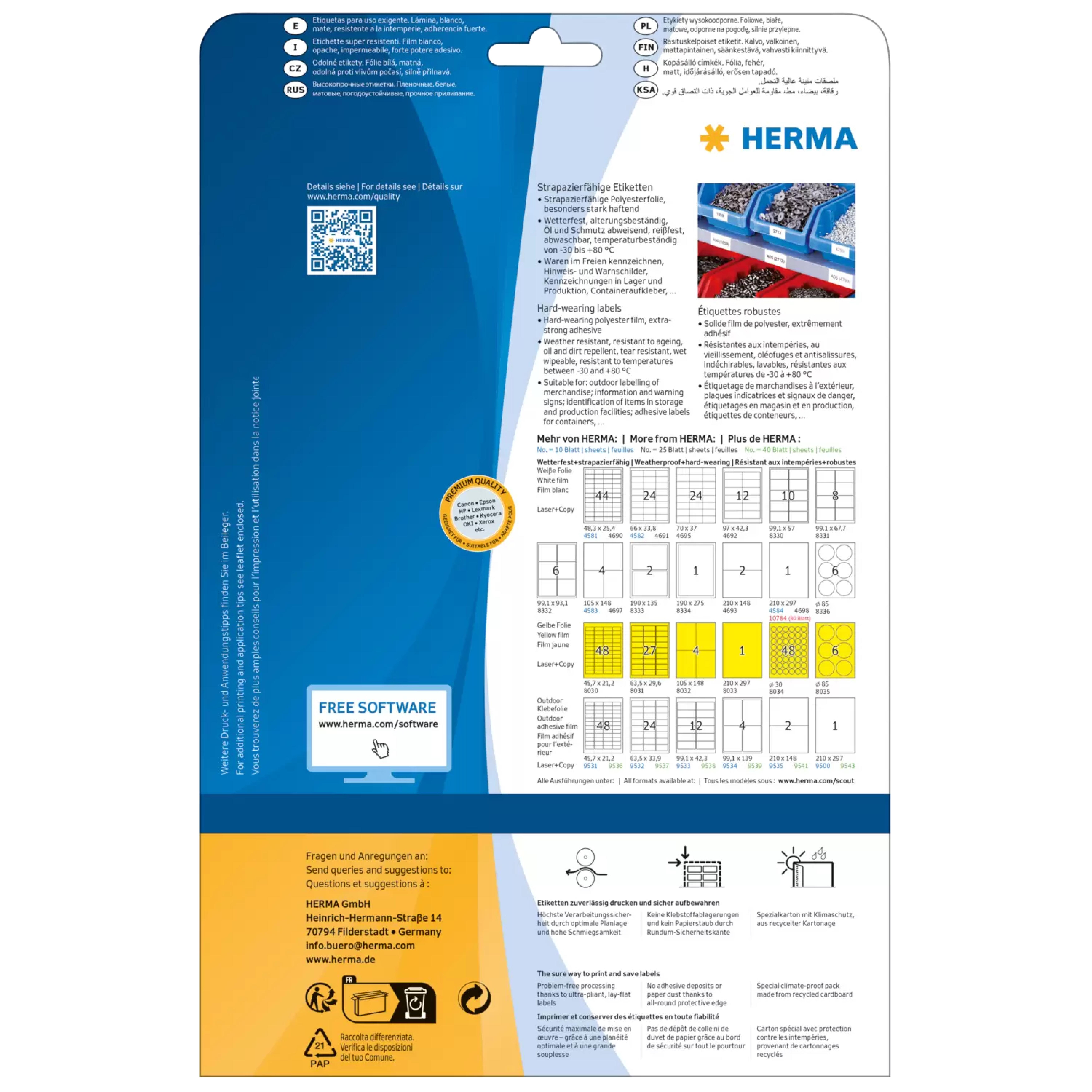 HERMA Adressetiketten A4 weiss 99,1x67,7 mm Folie 200 St.