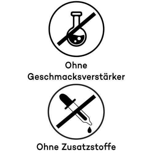 Symbole zeigen Produkte ohne Geschmacksverstärker und Zusatzstoffe
