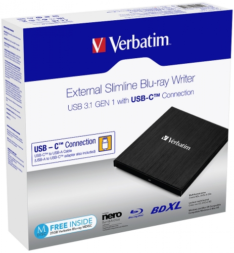Verbatim Externer Slimline Blu-ray Brenner USB 3.1 mit USB-C Verbatim Externer Slimline Blu-ray Brenner mit USB 3.1 Verbindung und USB-C Adapter