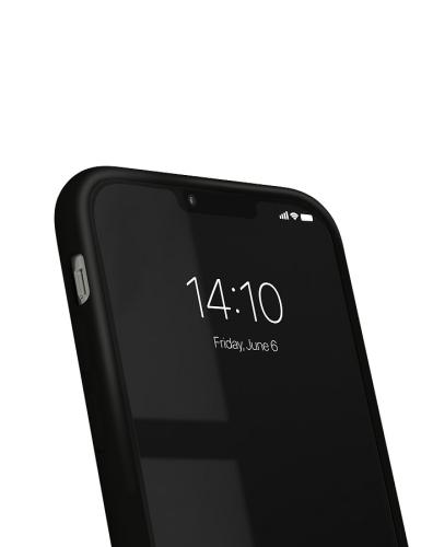 Nahaufnahme eines modernen Smartphones mit schwarzem Gehäuse, zeigt die Uhrzeit und das Datum auf dem Display.