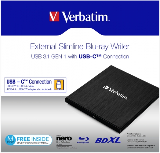 Verbatim Externer Slimline Blu-ray Brenner mit USB-C Verbindung Verbatim Externer Slimline Blu-ray Brenner, USB 3.1 GEN 1, USB-C Verbindung, inklusive 25GB Blu-ray MDisc
