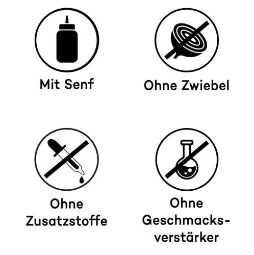 Icons für Produktmerkmale: Enthält Senf, keine Zwiebeln, keine Zusatzstoffe, keine Geschmacksverstärker