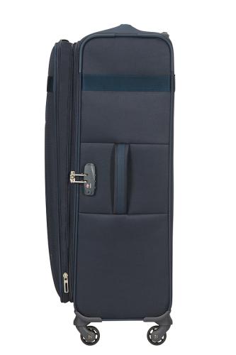 Hochwertiger blauer Rollkoffer mit TSA-Schloss, seitliche Ansicht Seitliche Ansicht eines blauen Rollkoffers mit vier Rädern und integriertem TSA-Schloss.