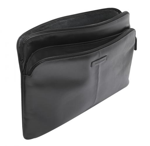 Schwarze Leder-Laptoptasche mit Reißverschluss, geöffnet und leer