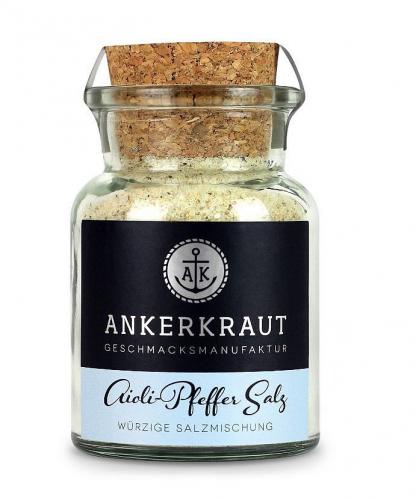 Ankerkraut Aioli Pfeffer Salz im Glas mit Korkverschluss Glas mit Korkverschluss gefüllt mit Ankerkraut Aioli Pfeffer Salz, würzige Salzmischung