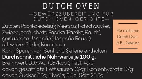 Dutch Oven Gewürzzubereitung für Dutch Oven-Gerichte 100g Zutatenliste und Nährwerte der Dutch Oven Gewürzzubereitung