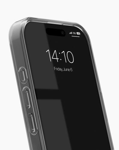 Smartphone mit transparentem Gehäuse zeigt die Uhrzeit 14:10 und Datum Freitag, 6. Juni auf dem Bildschirm