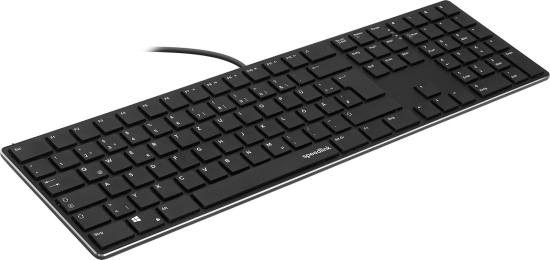 Seitliche Ansicht einer kabelgebundenen schwarzen Tastatur mit deutschem Tastenlayout