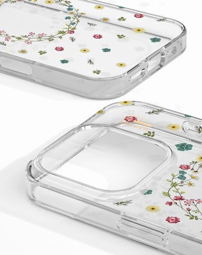 Nahaufnahme einer durchsichtigen Handyhülle mit floralem Design für ein iPhone-Modell