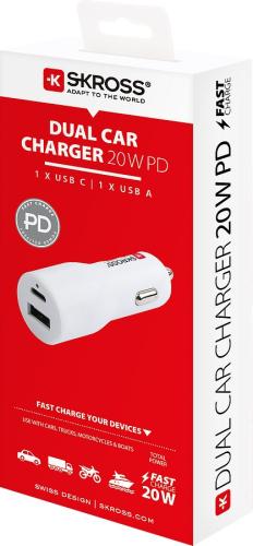 Verpackung des SKROSS Dual Kfz-Ladegeräts mit 20W Power Delivery, USB-C und USB-A Anschlüssen