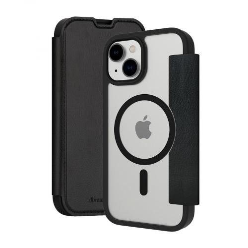 Schwarze Lederhülle für iPhone, Klappdesign mit Kameraschutz und MagSafe-Kompatibilität