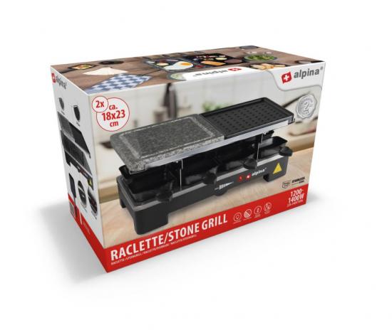 Verpackung des Alpina Raclette-/Steingrills mit 2 Platten, ideal für gemeinsame Mahlzeiten