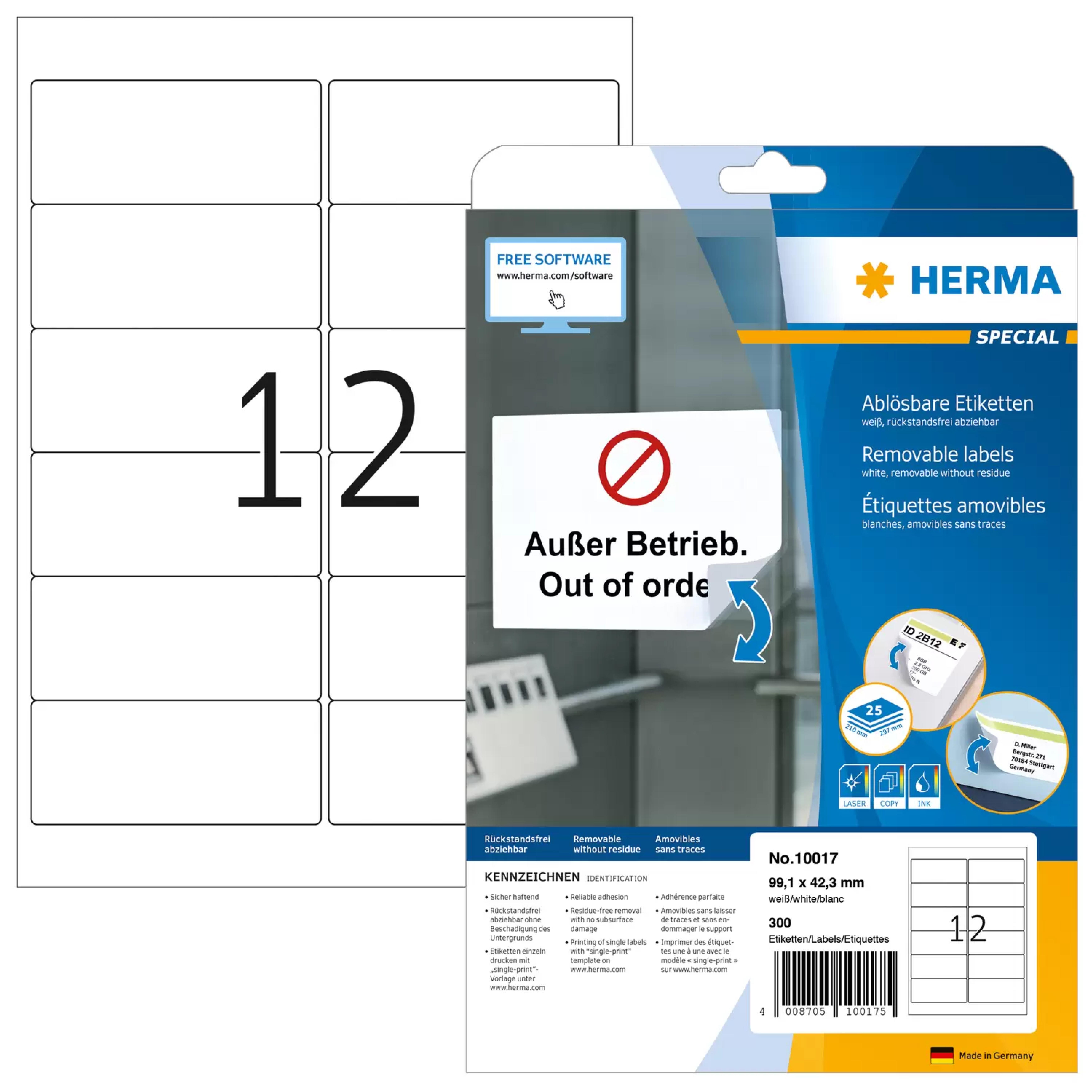 HERMA Adressetiketten A4 weiss 99,1x42,3 mm Papier 300 St.