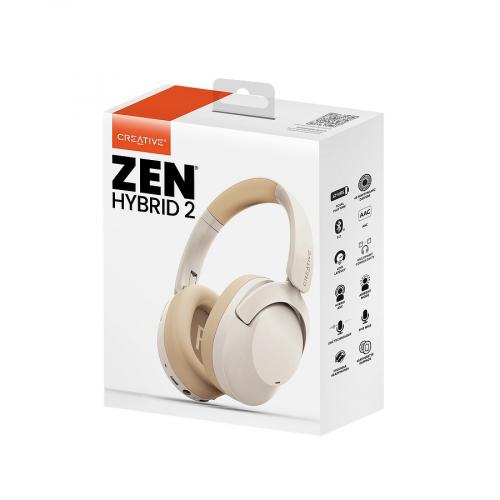 Verpackung des kabellosen Kopfhörers Creative ZEN Hybrid 2 in Weiß mit technischen Details auf der Box