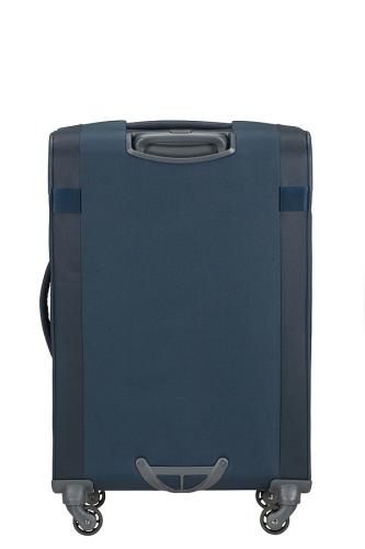 Robuster blauer Rollkoffer mit vier Rollen und teleskopischem Griff Rückansicht eines blauen Rollkoffers mit vier Rollen und einem stabilen Griff